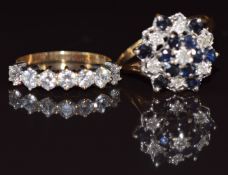 A 9ct gold ring set with sapphires and diamonds in a cluster and a 9ct gold ring set with cubic