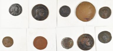 Ten Roman bronze coins to include Hadrian, Claudius II, C Aurelius Valerius, Maximian, Flavius