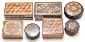 Sewing, needlework and embroidery interest seven Mauchline ware patch boxes, largest 5.5 x 3.5cm