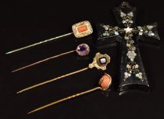 Victorian jet cross pendant inlaid with mother of pearl and four Victorian stick pins, two set