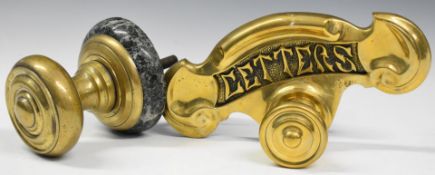 Art Nouveau brass letter box and knob, width 25cm, together with a brass door knob or similar on