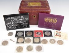 A quantity of modern crowns contained in a leather covered vintage jewellery box