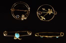 Edwardian 15ct gold brooch set with a sapphire and seed pearls (2.6g), three 9ct gold brooches one