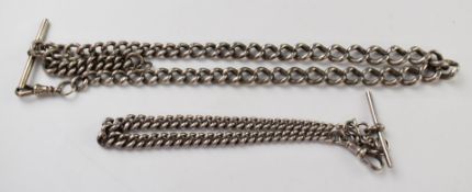 Two hallmarked silver graduated Albert chains, longest 41cm, 97g