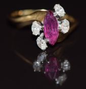 An 18ct gold ring set with a marquise cut ruby and four marquise cut diamonds, 3g, size O