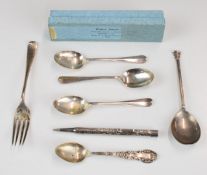 Hallmarked silver cutlery including Hanoverian rat tail pattern spoons, souvenir spoon marked