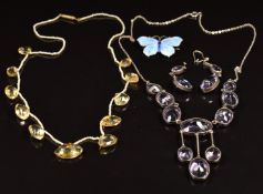 A c1900 seed pearl necklace with rose cut citrine drops, a silver and amethyst necklace, and a