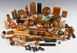 A large collection of mainly treen sewing, needlework and embroidery related items including