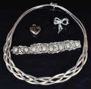 A silver necklace, silver filigree bracelet, marcasite brooch and a 9ct gold back and front locket
