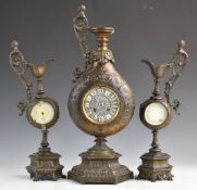 French clock garniture, the clock marked H.P.&co, stiking on a bell, the garniture housing a