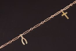 A 9ct rose gold bracelet with two 9ct gold charms, 3g