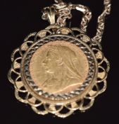 A 1901 gold full sovereign with Melbourne Mint mark, in 9ct gold pendant mount, on 9ct gold chain,