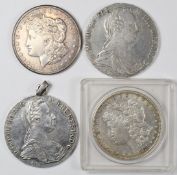 American 1884, 1921 Dollars and two Maria Theresia silver coins, one with mount