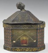 18th / 19thC octagonal lead tobacco jar with figural bust finial and painted decoration, height