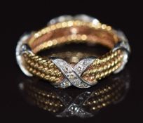 Tiffany 18k gold rope twist ring set with applied white gold crosses set with diamonds, marked '