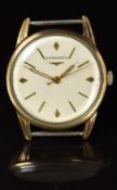 Longines gentleman's wristwatch with luminous hands, gold hour markers, silver dial, gold plated
