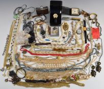 A collection of costume jewellery and watches including Certina watch, beads, gold tooth,