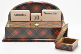 Mauchline ware tartan perpetual calendar / desk tidy and a hinged box for Prince Charlie and