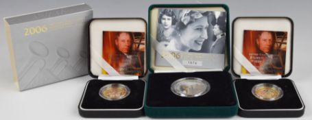 Three Royal Mint silver proof cased Piedfort coins comprising a crown commemorating Queen