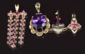 Four 9ct gold pendants, one set with an amethyst, one paste and diamonds in the form of a sailing