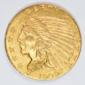 1909 United States of America 2½ Dollar Indian head gold coin, weight 4.18g
