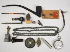 Bijouterie and collectibles including hallmarked silver pocket watch, carved Egyptian bust, 19thC
