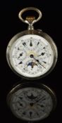 White metal keyless winding open faced triple calendar pocket watch with moonphase, blued hands,
