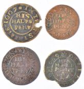Four 17thC merchant's tokens comprising 1663 Constantine Overton in Salop, 1664 Ferdinando Lee in