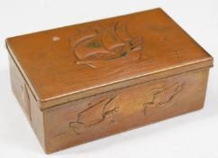 Newlyn School Arts & Crafts copper box with repoussé decoration of galleons under sail, impressed
