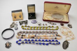 A collection of silver jewellery including pearl necklace, Michaela Frey bangle, brooch and ring,