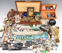 A collection of costume jewellery including Swatch watches, brooches, vintage earrings, etc