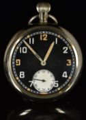 Unnamed keyless winding open faced military pocket watch with white subsidiary seconds dial,