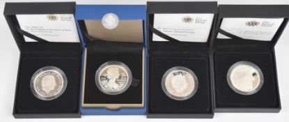 Four Royal Mint £5 silver proof coins comprising a 2011 Prince Philip, a 2008 Queen Elizabeth, a