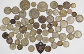 Approximately 248g of mixed UK silver coinage George III onwards, includes a silver fob