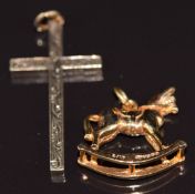 A 9ct gold rocking horse charm and 9ct gold cross, 7.6g