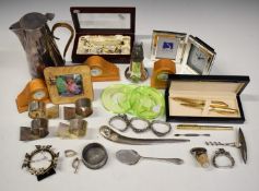 Silver plated ware, some boxed gifts to include napkin rings, clocks, coasters, jug, novelty menu