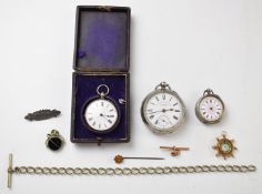 Three silver pocket watches, gold stick pin, T-bar and fob (7.8g), chain etc