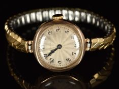 Rolex Art Deco 9ct gold ladies wristwatch with blued hands, black Arabic numerals, silver dial and