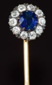 Victorian stick pin set with a round cut sapphire of approximately 0.6ct surrounded by old cut