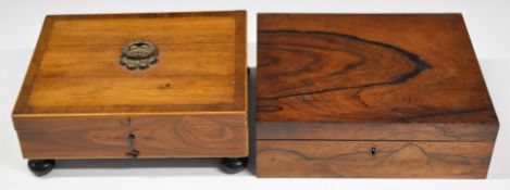 19thC rosewood travelling jewellery box, width 24cm, together with a further crossbanded box
