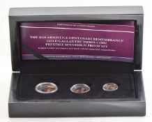 Hattons of London 2018 three coin proof gold sovereign set layered in Ruthenium commemorating the
