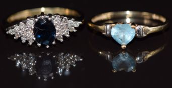 Two 9ct gold rings, one set with a sapphire and diamonds the other a heart cut topaz, 3.4g, size I &