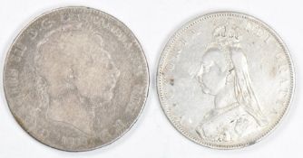 1819 George III crown, about F, together with an 1887 Queen Victoria Jubilee double florin