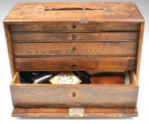 Collector's or tool chest marked Neslein and contents, mostly watches including Westclox, Sindaco,