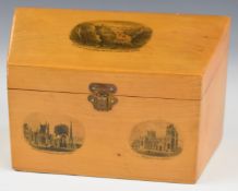 Mauchline ware canted stationery box with images of Clifton Suspension Bridge and Bristol Cathedral,