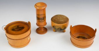 Mauchline ware sewing, needlework and embroidery related items to include a thread holder in the