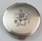 Art Deco style hallmarked silver compact, London 1966, maker Kigu Ltd, diameter 6.5cm, weight 71g
