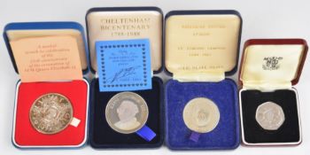 Three crowns including Silver Jubilee 1977 Royal Mint and a silver 1973 50p, all cased, two with