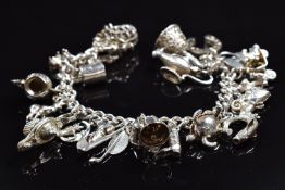 A silver charm bracelet with 21 silver charms including horseshoe, motorbike, fish, turtle, goat,