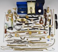 A collection of costume jewellery and watches including Rotary, Avia, Timex, 9ct gold chain (2.